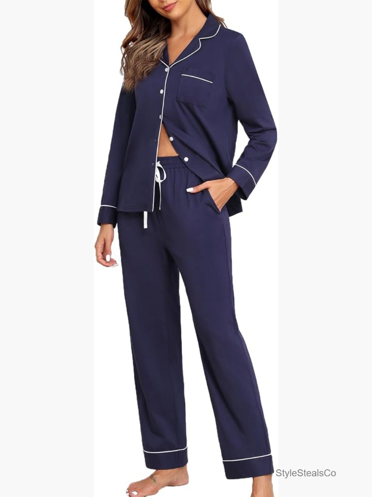 Soft Long Sleeve Pajama Set With Pockets, Button Front, Nursing Friendly